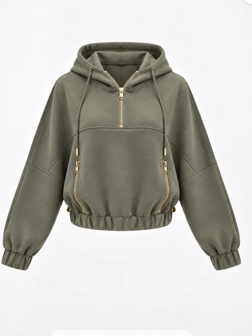 Olive Cropped Hoodie Zip Pullover for Women Size S Runs- oversized